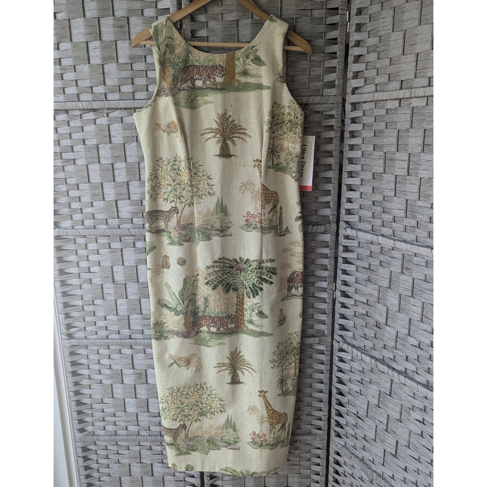 Vtg Safari Print Beaded Midi Sheath‎ Dress Linen Blend Beige 10 Statement Resort